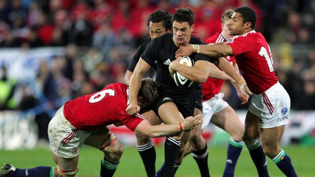 Dan Carter takes on the Lions defence in 2005.