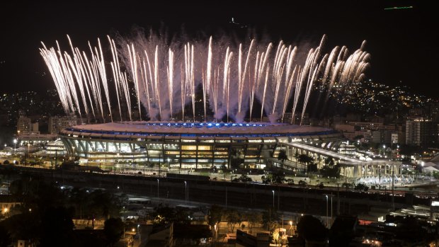 Fireworks explode above the Maracana during a rehearsal for the 2016 Opening Ceremony.