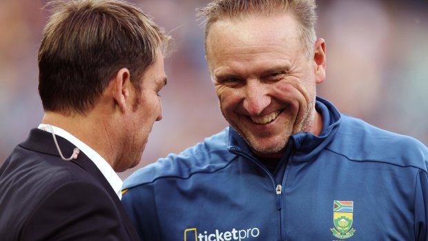 Shane Warne speaks to former South Africa quick Allan Donald before an international T20 game at Adelaide Oval in 2014.