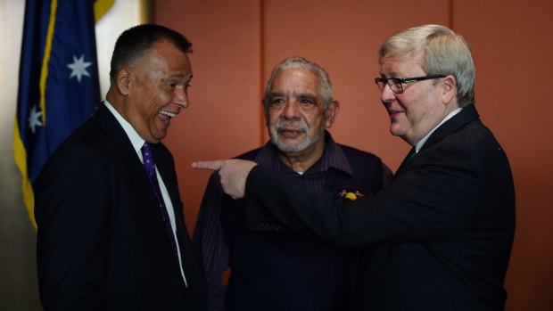 Former Prime Minister Kevin Rudd (right) speaking with journalist Stan Grant (left) and Aboriginal elder Uncle Allen Madden at The National Apology anniversary breakfast at the NSW Parliament House in Sydney.