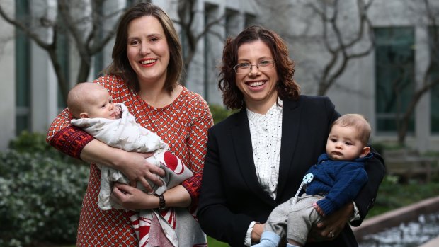 Ms O'Dwyer, with daughter Olivia, and Labor's Amanda Rishworth with son Percy, is part of a "baby boom" in Parliament. 