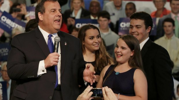 Republican US presidential candidate and New Jersey Governor Chris Christie formally announces his campaign for the 2016 Republican presidential nomination as his children (L-R) Sarah, Bridget and Andrew look on.