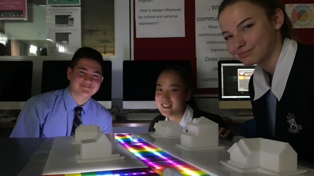 St Andrew's Cathedral School students, from left: Gwyn Watterson, Khulan Torng and Olivia Hayes took part in the challenge pilot program.