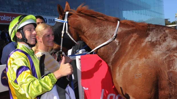 Damian Lane with Flamberge after his win in the Oakleigh Plate at Caulfield on Saturday.