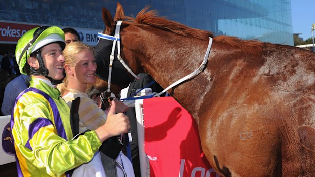 Damian Lane with Flamberge after his win in the Oakleigh Plate at Caulfield on Saturday.