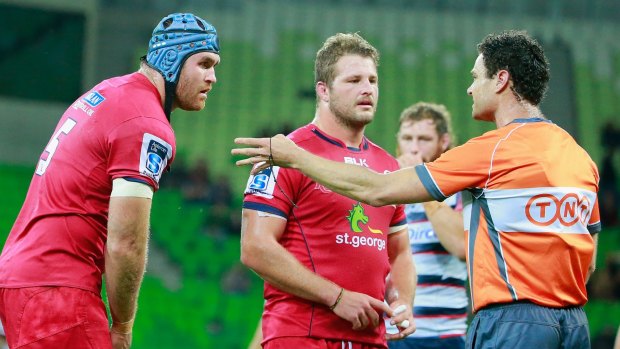 James Horwill is sent off by referee Matt O'Brien against the Rebels.