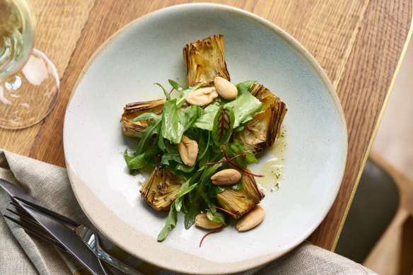 Roasted globe artichoke, preserved lemon, sorrel, almond at Crafted by Matt Moran.