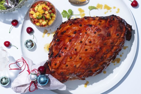 Mango and chilli-glazed ham with tomato and mango sambal.