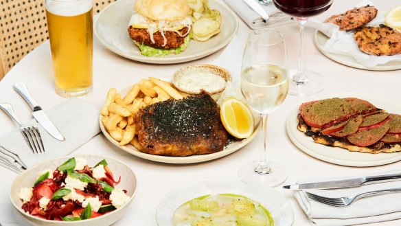 Fish and chips join a tomato and Vegemite flatbread, and watermelon and black olive salad at the Pipi's Kiosk pop-up.