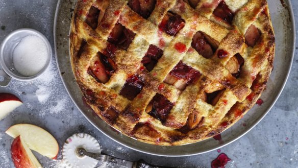 Apple and rhubarb lattice-topped pie.