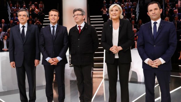 French candidates from left: Francois Fillon, Emmanuel Macron, Jean-Luc Melenchon, Marine Le Pen and Benoit Hamon.
