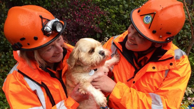 ACT State Emergency Service volunteers Sue Elsbury and Kym Schmid with Polly the dog. The SES is warning home-owners to clean out their gutters and have somewhere safe to keep their pets as storm season approaches.