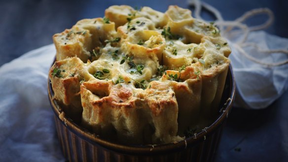 Pasta bake with mushrooms and white wine bechamel.