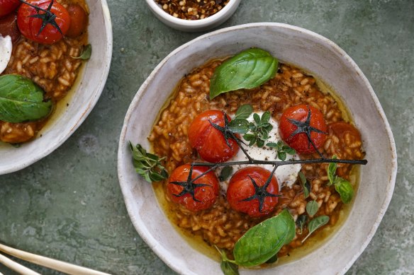 Caprese-inspired risotto with roasted tomatoes, mozzarella and basil.