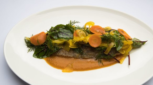 Rainbow trout with saffron vegetable escabeche.
