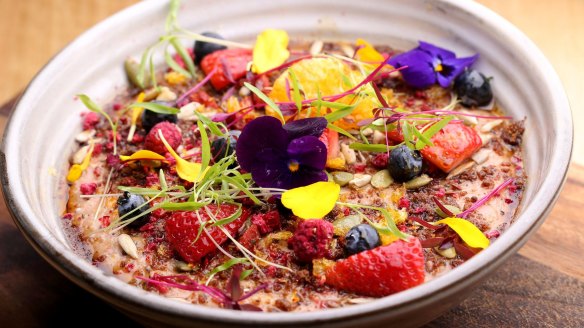 Cacao-nib porridge with blood orange and freeze-dried berries.