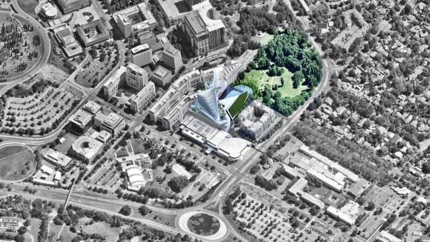 An artist's impression of the Casino Canberra rebuild, next to the Glebe Park block the ACT's Land Development Agency bought for $4.2 million last year.