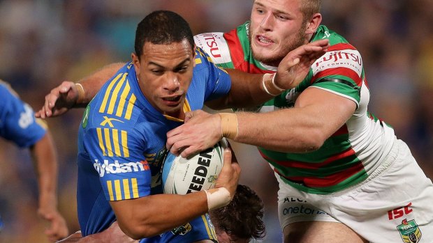 Will power: Will Hopoate takes on George Burgess and the Rabbitohs last Friday.