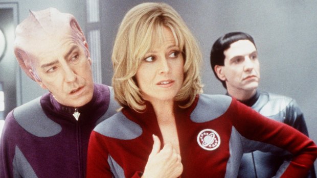 Sigourney Weaver, centre, and Alan Rickman, left, in Galaxy Quest (1999).