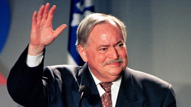 Jacques Parizeau at his final speech to Parti Quebecois delegates after resigning following the party's loss in a 1995 referendum.