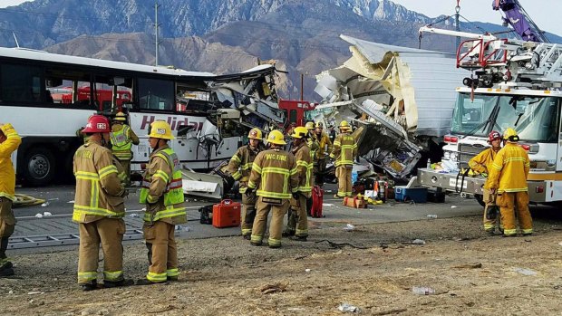 The scene of crash between a tour bus and a semi-truck near Palm Springs, in California.