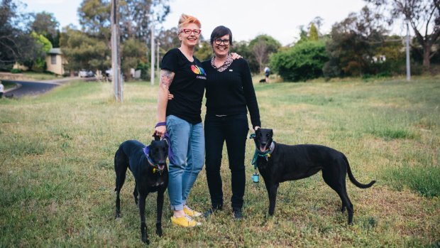 Frankie Bodel and Julie Maynard with their dogs Molly and Heidi.