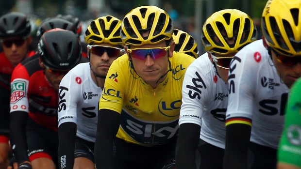Team Sky en route to Liege with yellow jersey Geraint Thomas (centre).