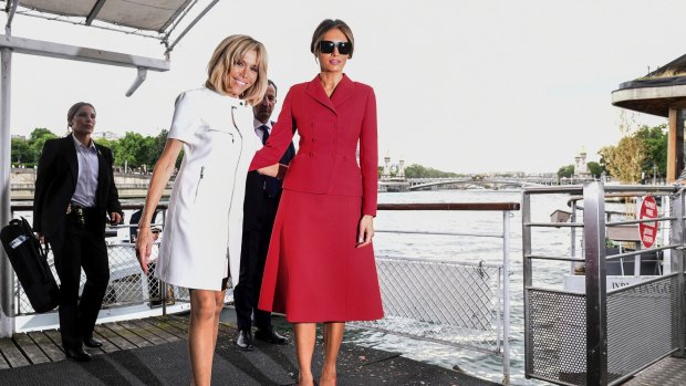 Classy: Melania Trump, right, wearing Dior, with Brigitte Macron, France's first lady, in Paris.