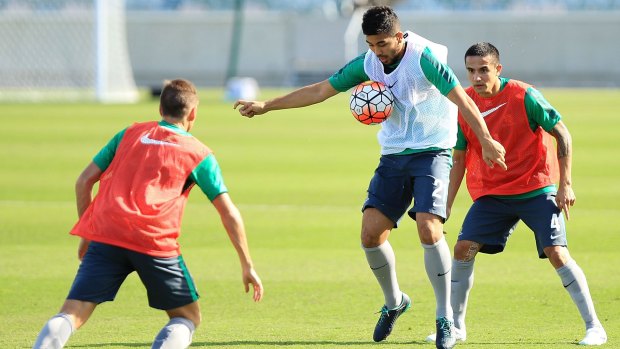 Massimo Luongo in action during a Socceroos training session at Canberra Stadium.