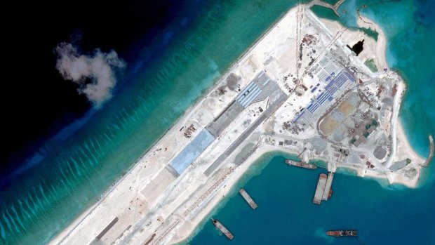 Airstrip construction on the Fiery Cross Reef in the South China Sea is pictured in this April 2, 2015, satellite image.
