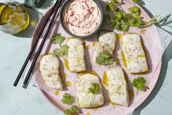 Snapper in olive oil with roasted pepper mayonnaise.