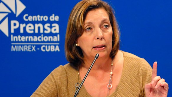 Josefina Vidal, who has been the public face of Cuba's diplomatic opening with the US, speaks to reporters in Havana, Cuba. 
