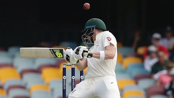 Trials and tribulations: Steve Smith is hit on the head during his long innings.