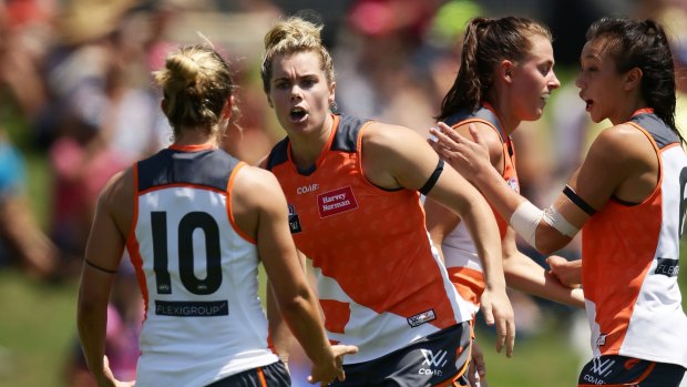 Ban: Jacinda Barclay of the Giants celebrates a goal during the round three draw with Fremantle.