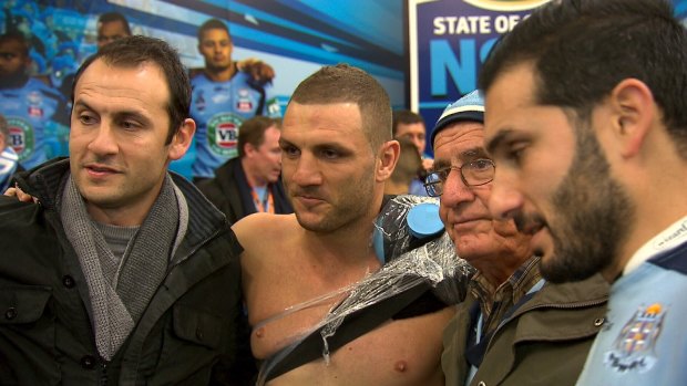 Big effort: NSW hooker Robbie Farah with dad Peter and family members after State of Origin II. 