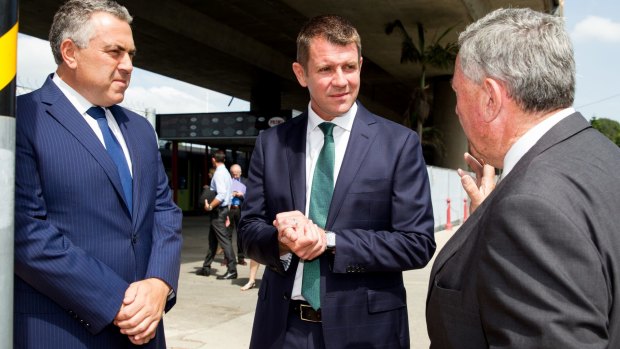 Joe Hockey and Mike Baird at a Westconnex press call.