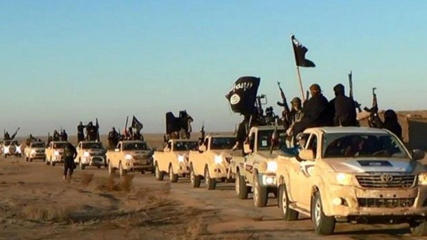 Islamic State jihadists hold up their weapons and wave flags in a convoy near Raqqa city in Syria.
