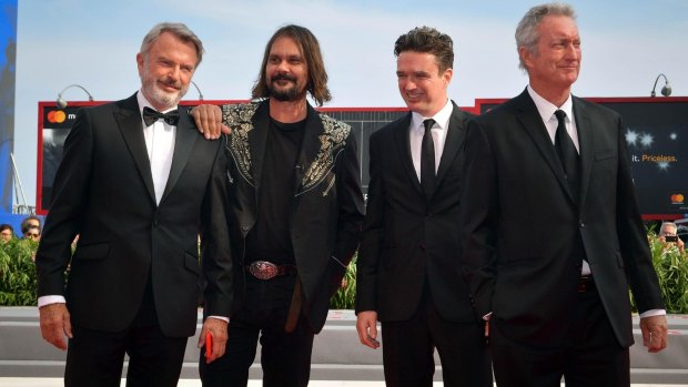 Director Warwick Thorn at the world premiere of Sweet Country at the Venice Film Festival with (from left) cast members Sam Neill, Matt Day and Bryan Brown.