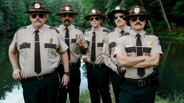 (From L-R): Kevin Heffernan as Farva, Jay Chandrasekhar as Thorny, Erik Stolhanske as Rabbit, Paul Soter as Foster, and Steve Lemme as Mac in Super Troopers 2.