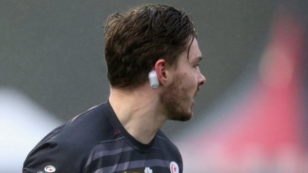 Ben Ransom of Saracens wears an impact sensor behind his ear to help determine the effects of possible concussion.