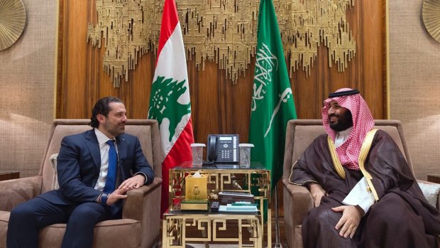 Saudi Crown Prince Mohammed bin Salman, right, meets with Lebanese Prime Minister Saad Hariri in Riyadh, Saudi Arabia on October 30.