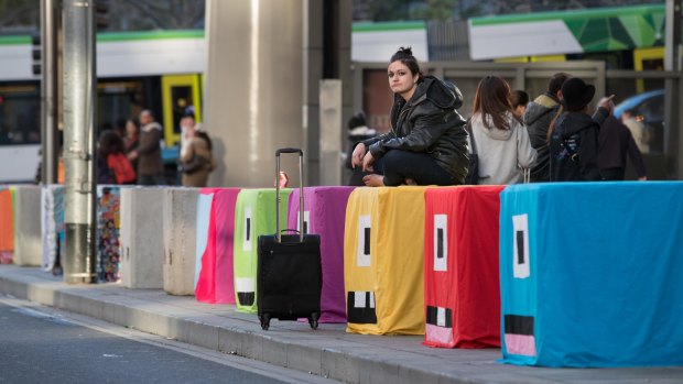 Decorated bollards at Southern Cross Station.