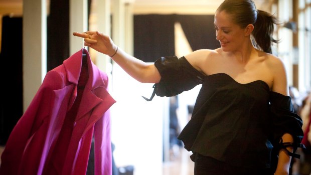 Sarah Schofield prepares for the National Graduate Showcase at the Melbourne Fashion Festival on Sunday.
