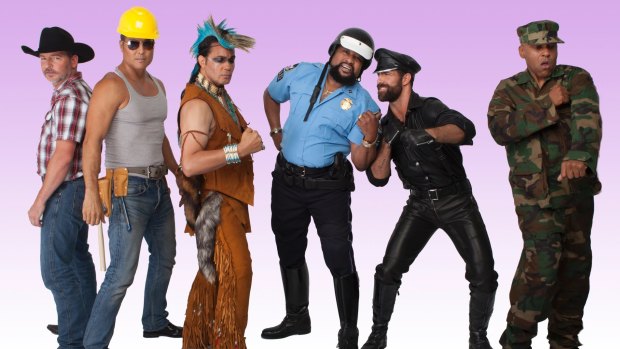 The all-new Village People line-up led by Victor Willis (blue shirt), who left the group in 1979 but has now reclaimed the name.