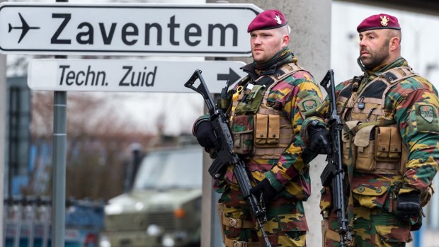 Belgian soldiers patrol at Zaventem Airport in Brussels on Wednesday last week after dozens were killed in bombings at the airport and at a subway station. 