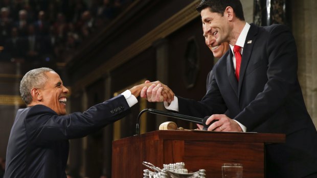 President Barack Obama shakes hands with House Speaker Paul Ryan, from Wisconsin, before the State of the Union address.