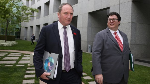 Chief Nationals Whip George Christensen and Deputy Prime Minister and Leader of the Nationals Barnaby Joyce walk to question time at Parliament House in Canberra on Wednesday 9 November 2016. Photo: Andrew Meares for GoodWeekend EMBARGOED FOR GOOD WEEKEND, DEC 3/16 ISSUE.