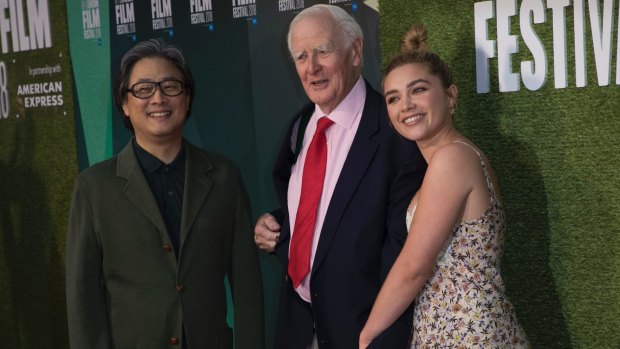 Park Chan-wook (left), John le Carre and Florence Pugh at the premiere for <i>'The Little Drummer Girl</I>.