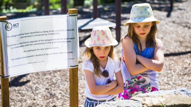 The ACT government has decided to repair rather than close a playground in Narranbundah meaning children like sisters Olivia and Sophia Baker can keep playing there. 