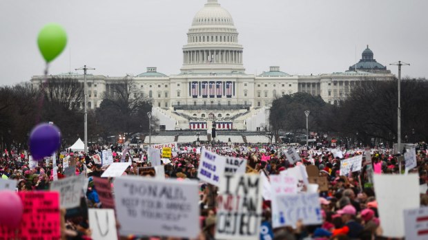 Protesters gather on the National Mall for the Women's March on Washington in January. 